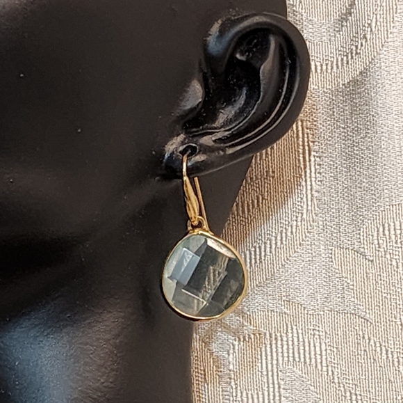 VINTAGE BLUE TOPAZ ROUND BEZEL DROP EARRINGS GOLD PLATED 1980s - Picture 3 of 11